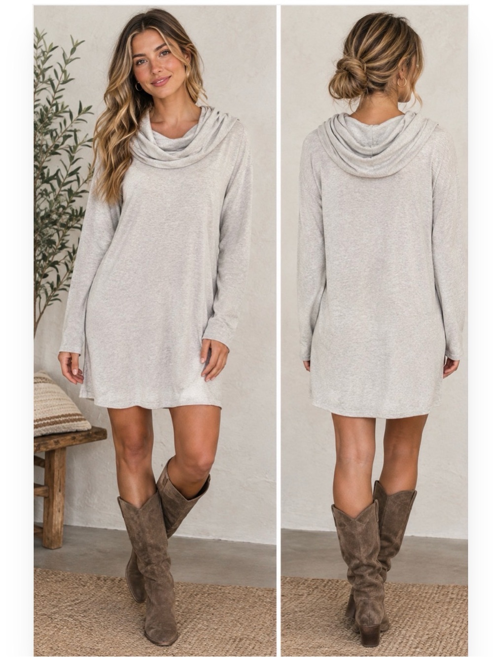 Lole Cream Cowl Neck Sweater Cozy Casual Boho Tunic Mini Dress Size L